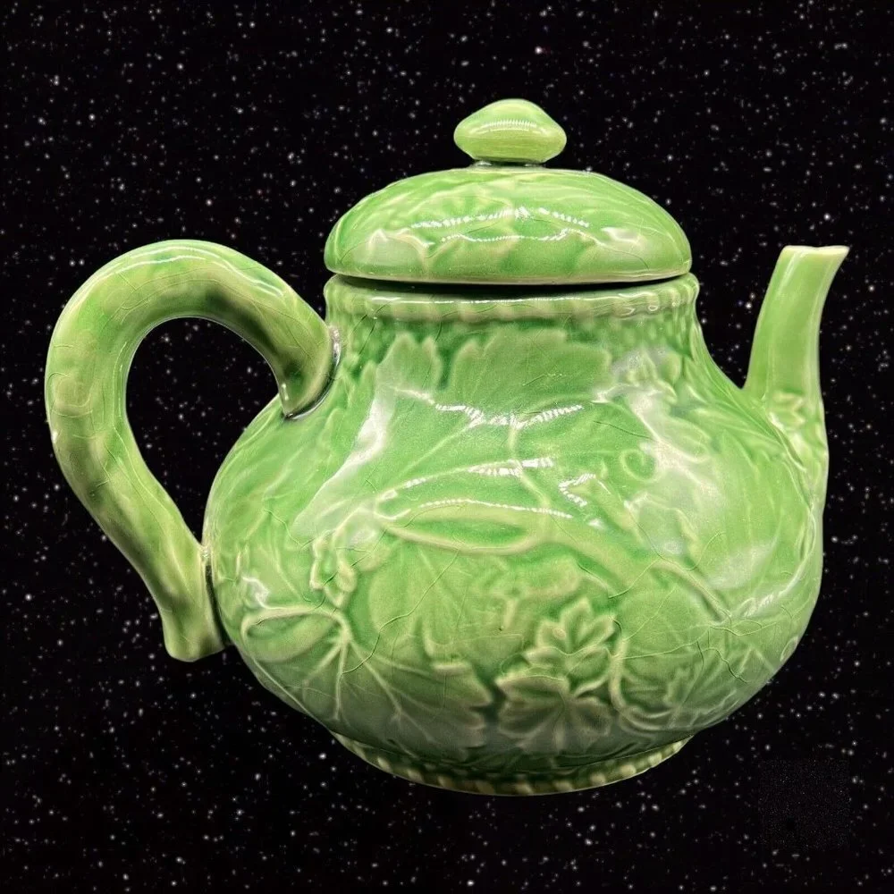 Vintage Pier 1 Imports Handpainted Green Cabbage Teapot Portugal 6”W 9”T‎